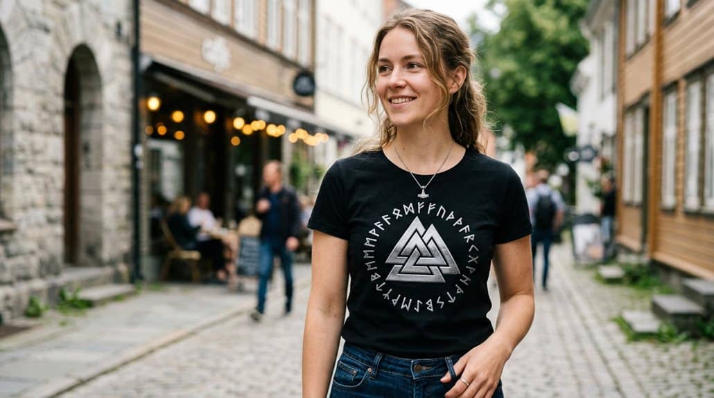 Damen T-Shirt Wikinger Valknut Rune Schwarz Nordisch Welt Walhalla Wotansknoten 3 lässige nordische minimalistische Alltagskleidung