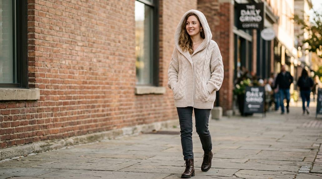 Damen-Kapuzenstrickjacke 3 alltägliches Styling mit geschichteten Cardigans