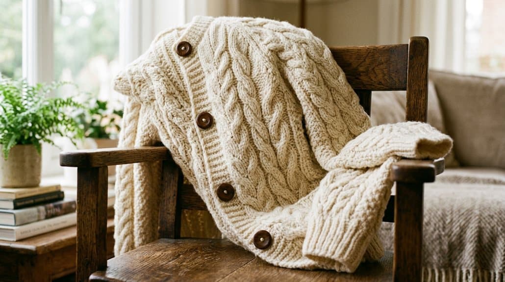 einer Strickjacke mit Zopfmuster für Damen 4 Materialpflege Kombinationen Mängel