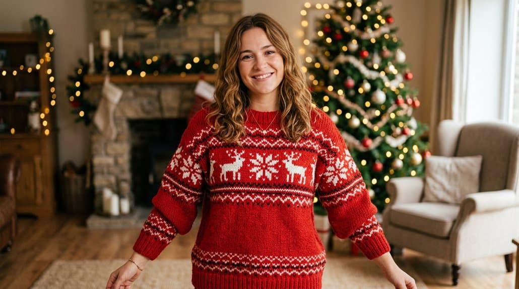 Damen Weihnachtspullover Rot Fairisle Nordisch Unisex 3 perfekter lässiger Familien-Weihnachtspullover