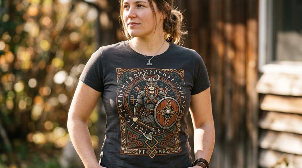 Schildmaid Lagertha Weibliche Kriegerin Nordische Göttin Runen Freija Damen T-Shirt 3 zur nordischen Tradition gehörend