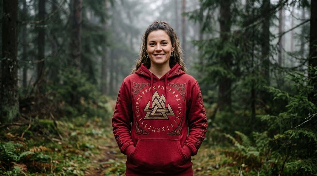 Valknut Valknut Damen-Hoodie Walhalla Rote Runen Odin Nordisch Welt 3 nordisches symbolisches robustes Festival-Hoodie