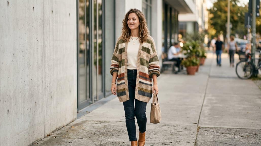 Cardigan Damen Langer Gestreifter Oversize Langarm Cardigan 3 gestreifter oversized Cardigan alltägliches Grundstück