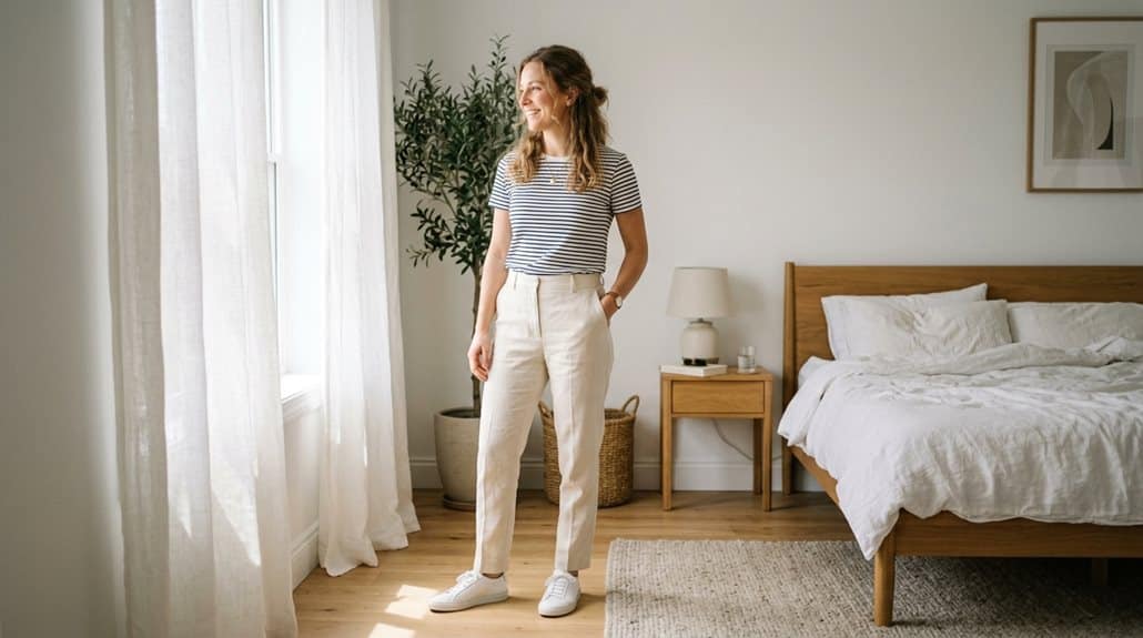 Marc O'Polo Damen Bio-Baumwolle Gestreiftes T-Shirt 3 Streifen kombiniert mit Denim-Sneakers